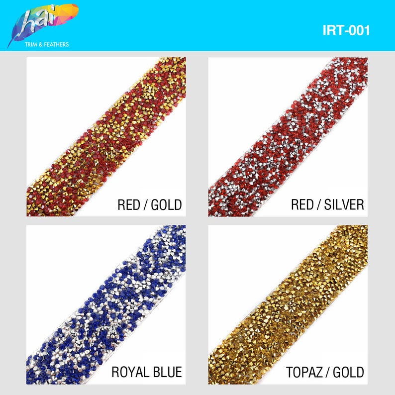 May include: Four different colors of rhinestone trim, each with a different color combination. The trims are red and gold, red and silver, royal blue and silver, and topaz and gold.