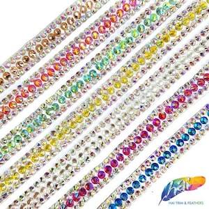 1/2&quot; 3-row Multicolor Crystal Rhinestone Iron on Trim, Colored Rhinestone Iron on Trimming, Gel back Rhinestone Banding by the Yard, IRT-029