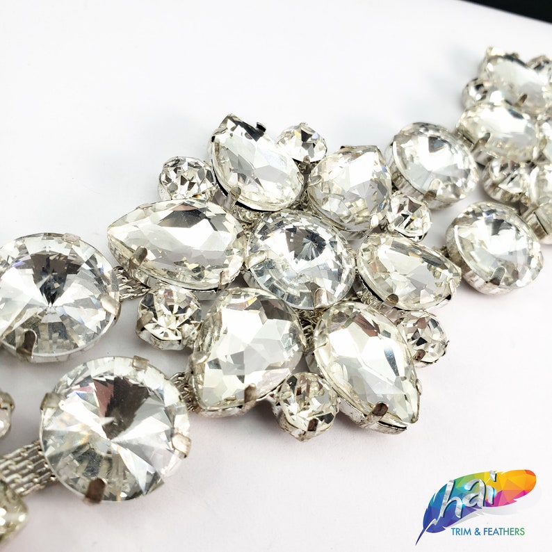 Rhinestone Applique on Metal Settings Wedding Formal Prom Crystal Patch Silver Crystal Glass Rhinestone Motif on Metal Settings QLD13-29
