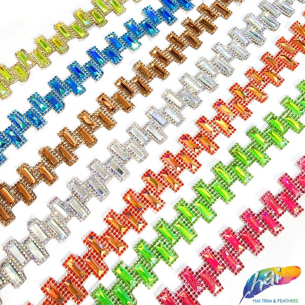 Ladder Style Rhinestone Iron on Trim, Colorful Gel back Zigzag Rhinestone Banding by the yard, Multicolored Fancy Iron on Band,IRT-120