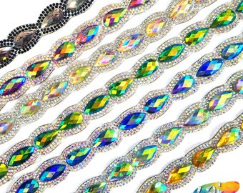 Iron-on Resin Iridescent Stone Trimming, Gel-back Colorful Acrylic Stone Rhinestone Banding by the yard for Carnival Broadway Dance, IRT-012