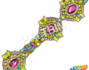 Fuchsia/Neon Green Resin Iridescent Iron on Trim by the yard, Gel back Clustered Multicolored Rhinestone Banding by the Yard, IRT-077