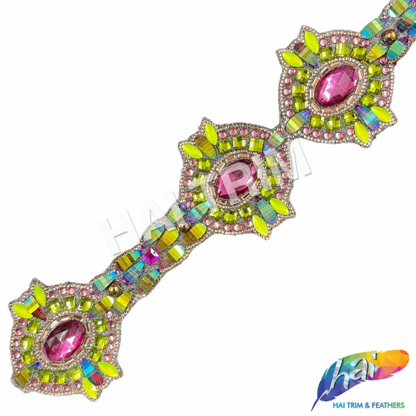 Garniture en fer irisé en résine fuchsia/vert néon par mètre, Bandes de strass multicolores en grappes au dos par mètre, IRT-077