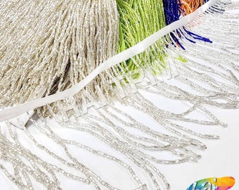 4" Beaded Fringe by the Yard, Colored Bugle Beaded Fringe w/ Ribbon, Beaded Tassel Fringe Trim for Dance Performance Costumes, FR-012