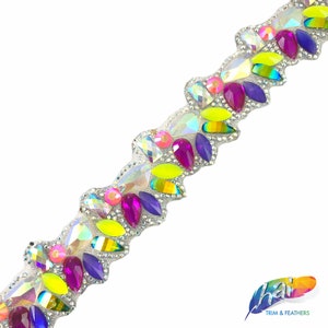 1 3/8&quot; Multicolored Neon Colored Stone Iron on Trim by the yard, Gel back Clustered Stone Banding by the yard, IRT-089
