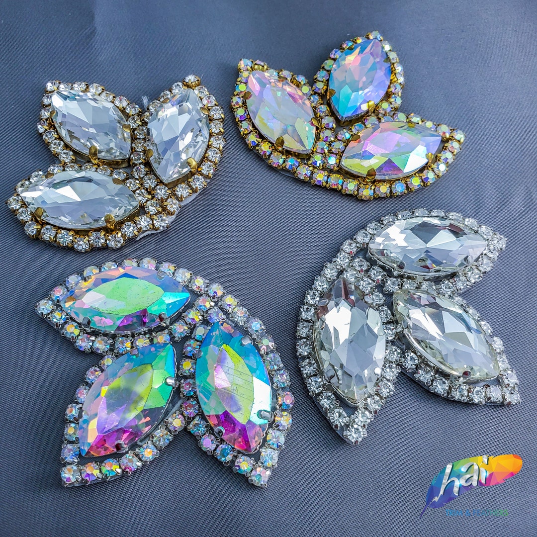 Glass Rhinestone Flower Applique, Wedding Formal Prom Crystal Patch, RA