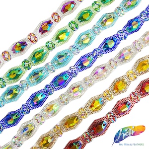 1&quot; Iron-on Resin Iridescent Stone Trim, Gel-back Colorful Acrylic Stone Rhinestone Banding by the yard for Carnival Broadway Dance, IRT-010