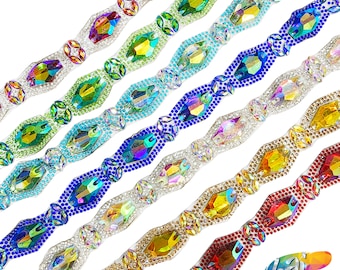 1" Iron-on Resin Iridescent Stone Trim, Gel-back Colorful Acrylic Stone Rhinestone Banding by the yard for Carnival Broadway Dance, IRT-010