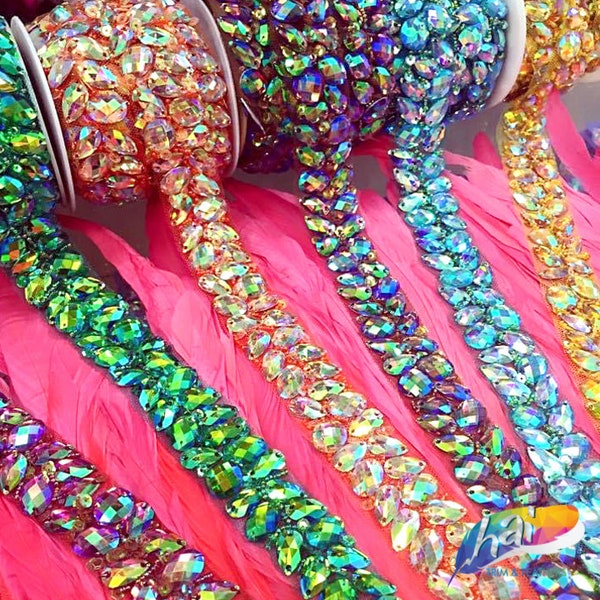 Beaded Stone Trim, Colorful Resin Gems Banding, Dance Broadway Carnival Costume Headpiece Waist Trimming, ACR-01