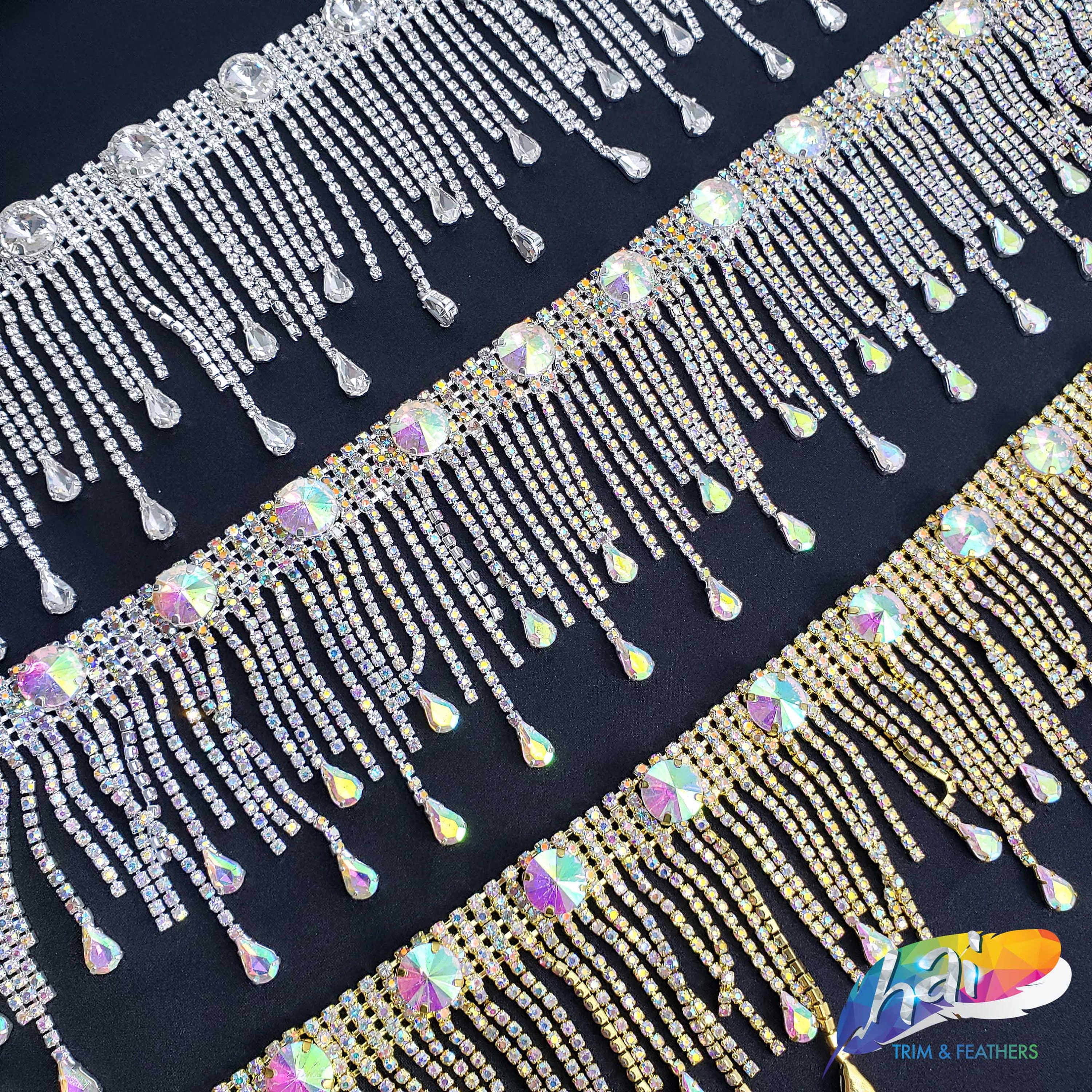 Silver Crystal Rhinestone Fringe, Gold Iridescent Rhinestone Dangling Trim, Silver Crystal AB Rhinestone Chain Fringe by the yard, RF-046