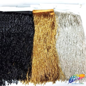 12" Long Beaded Fringe by the Yard, Dangling Silver Bugle Bead Fringe, Black Beaded Tassel Fringe Trim for Broadway Dance Carnival, FR-021