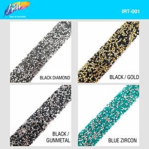 May include: Four different trims of rhinestones, each with a different color combination. The trims are labeled "Black Diamond", "Black/Gold", "Black/Gunmetal", and "Blue Zircon".