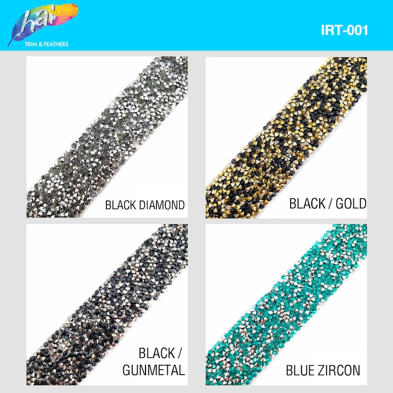May include: Four different trims of rhinestones, each with a different color combination. The trims are labeled "Black Diamond", "Black/Gold", "Black/Gunmetal", and "Blue Zircon".