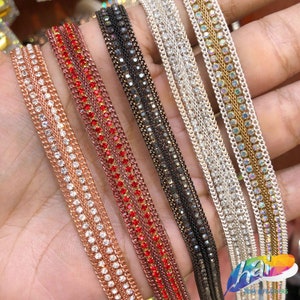 3/8&quot; Red Chain Rhinestone Iron on Trim, Gunmetal Gel back Chained Rhinestone Banding by the yard, Rose Gold Crystal Iron on Trim, IRT-115