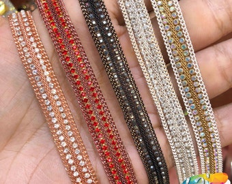 Red Chain Rhinestone Iron on Trim, Gunmetal Gel back Chained Rhinestone Banding by the yard, Rose Gold Crystal Iron on Trim, IRT-115