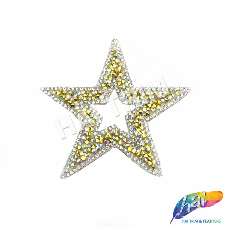 Gel-Back Star Rhinestone Appliques, Sparkly Colored Iron-on Crystal Rhinestone Patches, Hotfix Rhinestone Patches sold by piece, IRA-060 Gold / AB