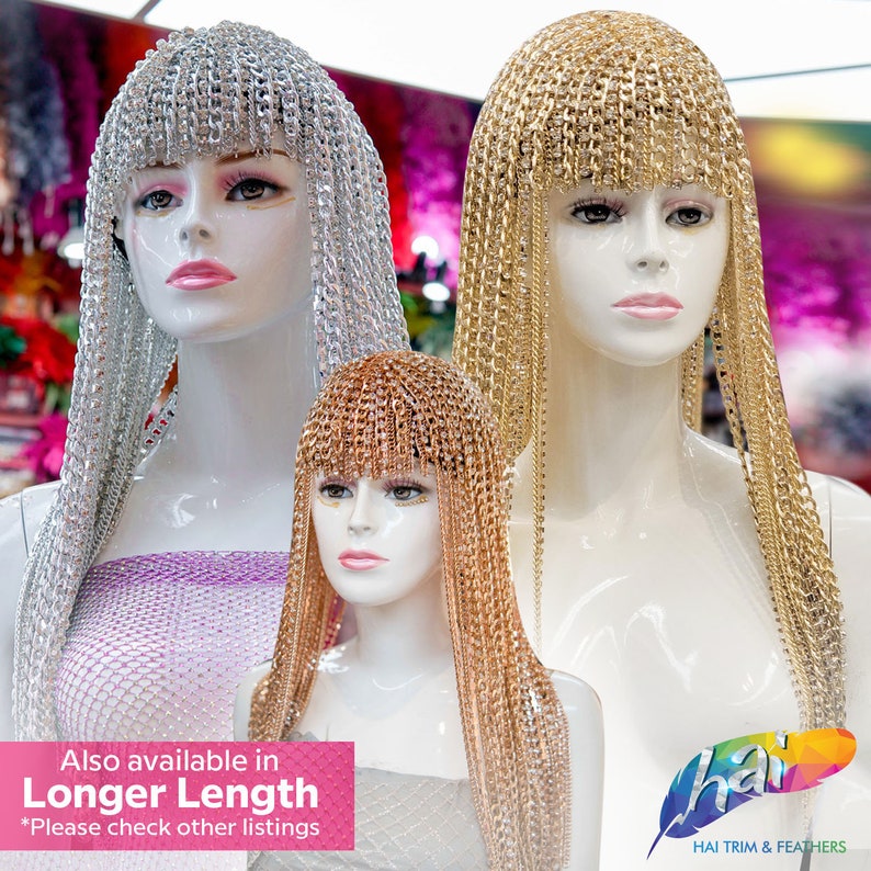Op de afbeelding: Drie mannequins dragen verschillende gekleurde kettinghoofdbanden. De hoofdbanden zijn gemaakt van zilveren, gouden en ros&eacute;gouden kettingen. De hoofdbanden zijn lang en zwierig. De tekst "Also available in Longer Length *Please check other listings" staat onderaan de afbeelding.