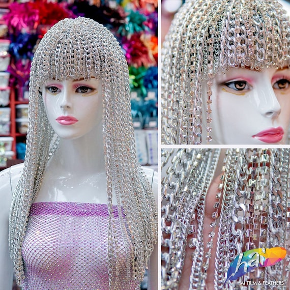 Long Silver Rhinestone Chain Headdress, Rose Gold Metal Head Chain, Hair Jewelry, Fashion Wigs, Festival Head Piece, Fashion Head Chain
