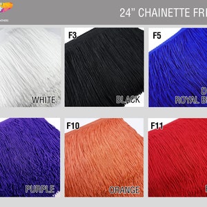 Puede incluir: Una selección de flecos de cadena de 61 cm de largo en varios colores, incluyendo blanco, negro, azul real, morado, naranja y rojo.