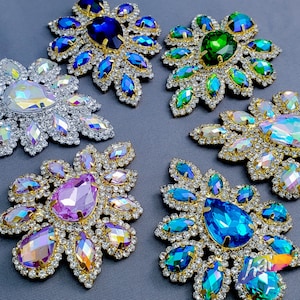 SALE! Colored Rhinestone Applique, Fancy Beaded Flower Patch, Glass Stones Metal Medallion for Dance Costumes, YH-107