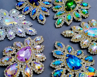 SALE! Colored Rhinestone Applique, Fancy Beaded Flower Patch, Glass Stones Metal Medallion for Dance Costumes, YH-107