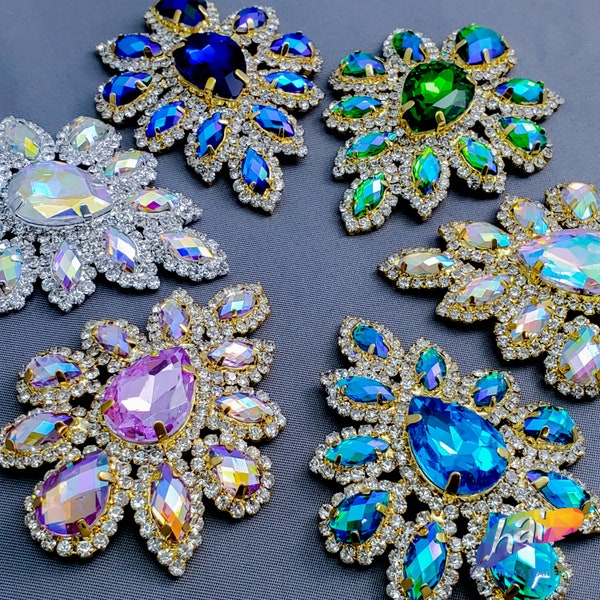 SALE! Colored Rhinestone Applique, Fancy Beaded Flower Patch, Glass Stones Metal Medallion for Dance Costumes, YH-107