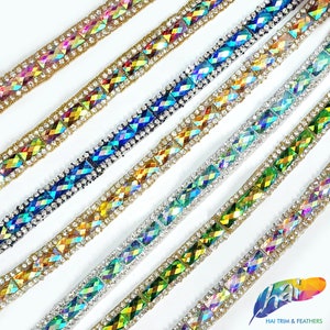 Iron-on Resin Iridescent Stone Trim, Gel-back Colorful Acrylic Stone Rhinestone Banding by the yard for Carnival Broadway Dance, IRT-018