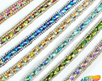 3/8&quot; Iron-on Resin Iridescent Stone Trim, Gelback Colorful Acrylic Stone Rhinestone Banding by the yard for Carnival Broadway Dance, IRT-018