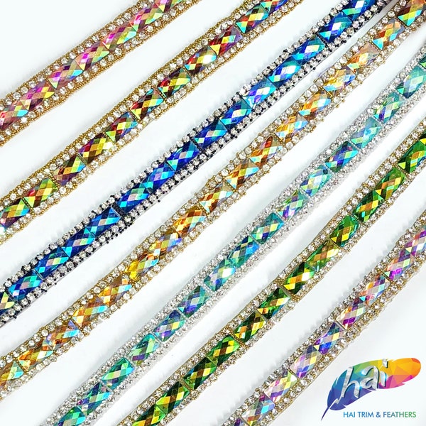 Garniture en pierre irisée en résine thermocollante, bande de strass en pierre acrylique colorée à l'arrière du gel par mètre pour la danse du carnaval de Broadway, IRT-018