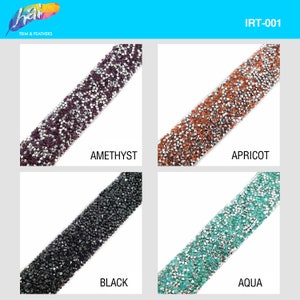May include: Four different colors of rhinestone trim, Amethyst, Apricot, Black, and Aqua. IRT-001.