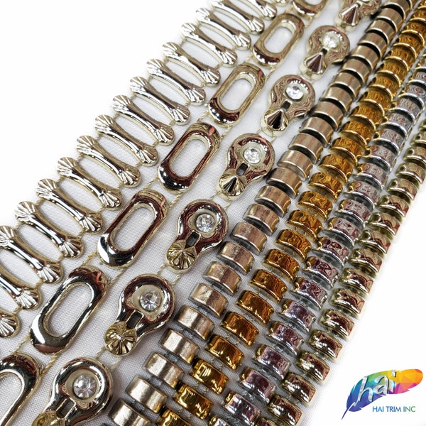 Gold Rhinestone Plastic Stud Trim, Silver Plastic Trim w/ Acrylic Stones, Decorative Trim Acrylic Banding by the yard, PST-086-087-088-089