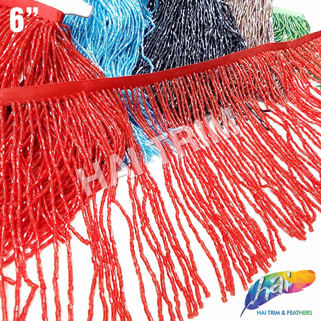 6 Beaded Fringe by the Yard, Colored Bugle Beaded Fringe W/ Ribbon