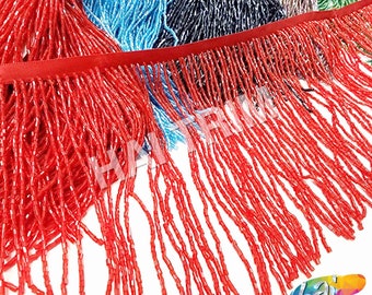 6" Beaded Fringe by the Yard, Colored Bugle Beaded Fringe w/ Ribbon, Beaded Tassel Fringe Trim for Dance Performance Costumes, FR-013