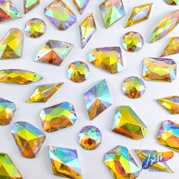 Lose Gelbe AB-Harz-Strass-Nähen auf Gold irisierenden verschiedenen Formen Kristallen Edelsteine mit Löchern durch die Packung DDAB03