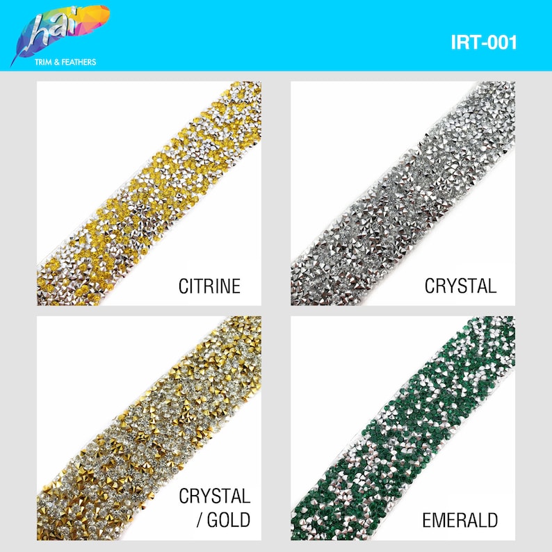 May include: Four different colors of rhinestone trim, including citrine, crystal, crystal/gold, and emerald. IRT-001.