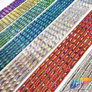 2 1/4&quot; 6-row Red AB Baguette Rhinestone Iron on Trim, Crystal Colorful Rhinestone Trim, Gel back Rhinestone Banding by the Yard, IRT-129