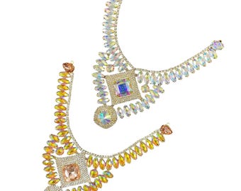 SALE! Colored Rhinestone Applique, Fancy Beaded Patch Necklace, Glass Stones Metal Medallion for Dance Costumes, YH-093