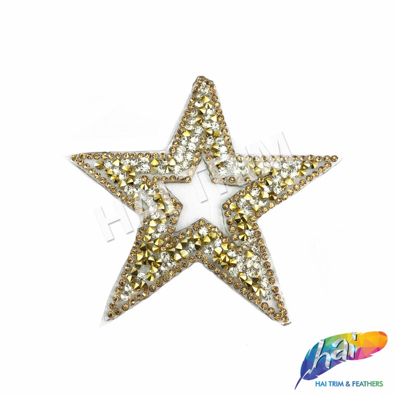 Gel-Back Star Rhinestone Appliques, Sparkly Colored Iron-on Crystal Rhinestone Patches, Hotfix Rhinestone Patches sold by piece, IRA-060 Gold / Crystal