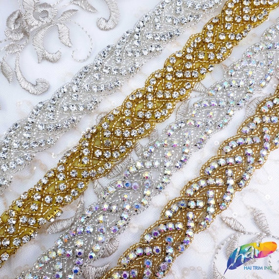 Beaded Crystal Rhinestone Trimming, Wedding Elegant Formal Rhinestone Trim,  Rhinestone Trim by the Piece 1 Yard, BRT-010 