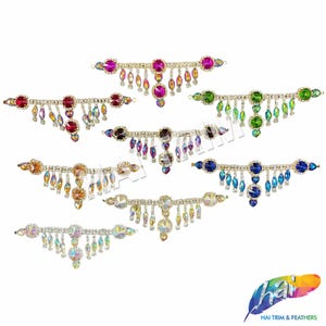 May include: Assortment of rhinestone belly dance hair pieces in various colors, including pink, red, green, blue, gold, and clear. Each piece features a row of rhinestones with dangling strands of smaller rhinestones.