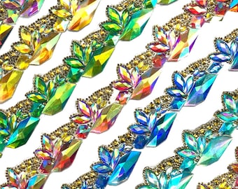 1 3/4&quot; Acabamento em resina AB termocolante, faixa de pedra acrílica colorida com strass por metro para dança de carnaval da Broadway, IRT-017-1