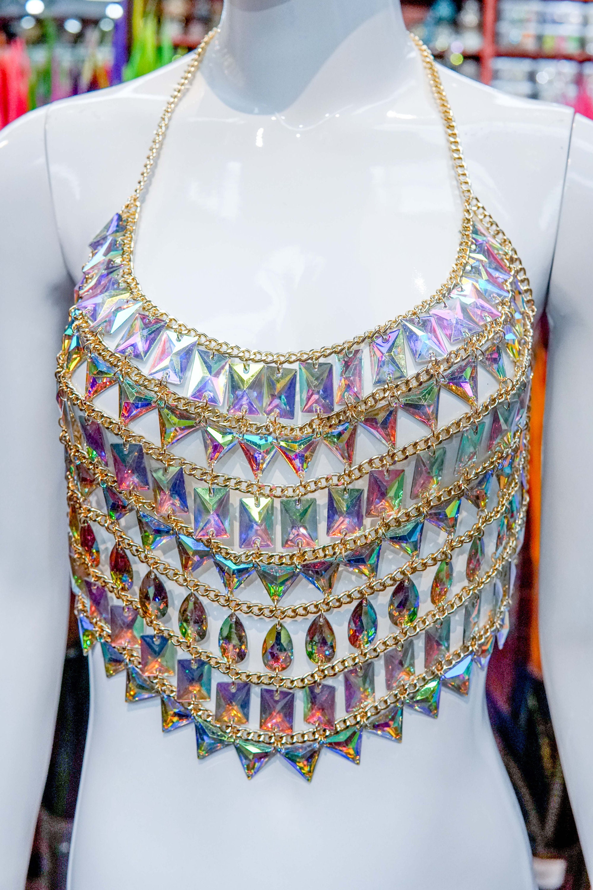 Rhinestone Chain Bra, Gold Chain Dress, Dancer Jewelry Top