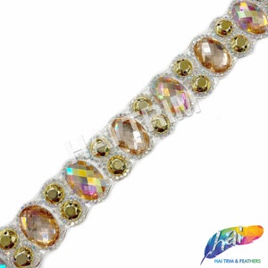 1 1/8&quot; Peach/Peach AB Oval/Round Colored Iron on Trim, Gel-back Colorful Acrylic Stone Rhinestone Banding by the yard, IRT-011