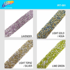 May include: Four different colors of rhinestone trim, each with a different color base. The colors are lavender, light gold/aqua, light topaz/silver, and lime green.