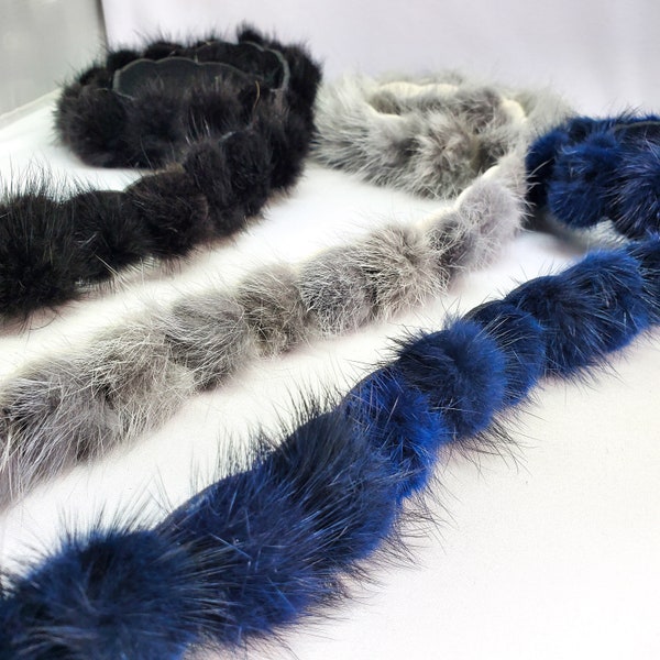 Fur Trim, Real Mink Fur Pompom Trim, Real Fur Ball Trim on Felt sold by piece, FT-02