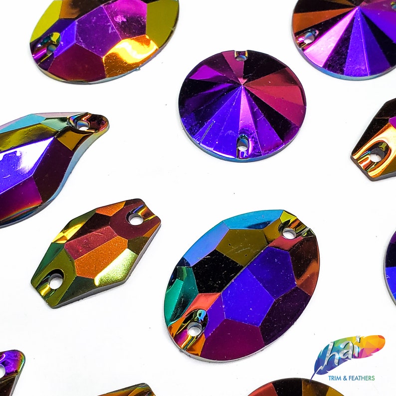 Metallic AB Resin Rhinestones Purple Red Green Stones AB Sew On Iridescent Different Shapes Crystals Gems with Holes by the Pack Color A image 2
