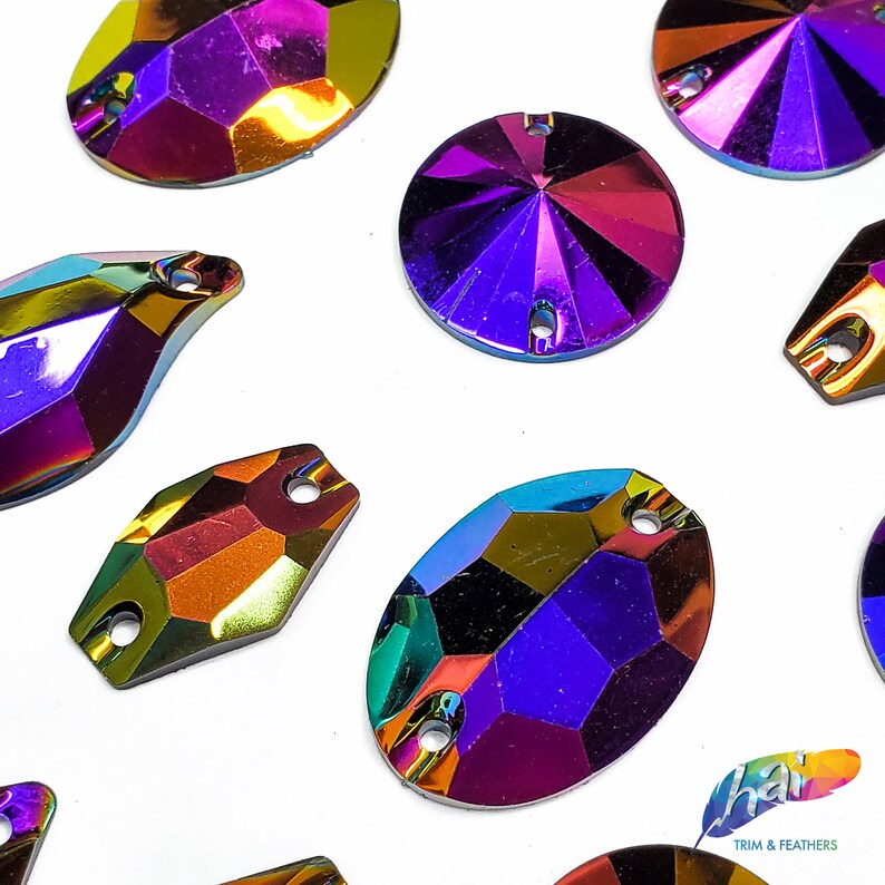 Metallic AB Resin Rhinestones Purple Red Green Stones AB Sew On Iridescent Different Shapes Crystals Gems with Holes by the Pack Color A