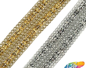 1" Gold Silver Iron-on Crystal Rhinestone Chain Trim, Gel-back Rhinestone Banding by the yard for Carnival Broadway Dance, IRT-030