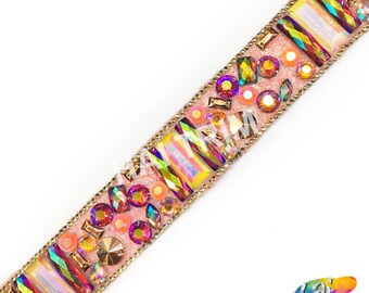 1 1/4" Pink/Multicolor Iron on Resin Iridescent Stone Trim by the yard, Gel back Clustered Colored Rhinestone Banding by the yard, IRT-069