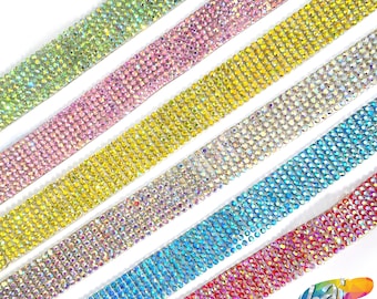 5/8&quot; 7-Row Crystal Rhinestone Iron on Trim, Colored Rhinestone Trim with 6ss Rhinestones, Gel back Rhinestone Banding by the Yard, IRT-061